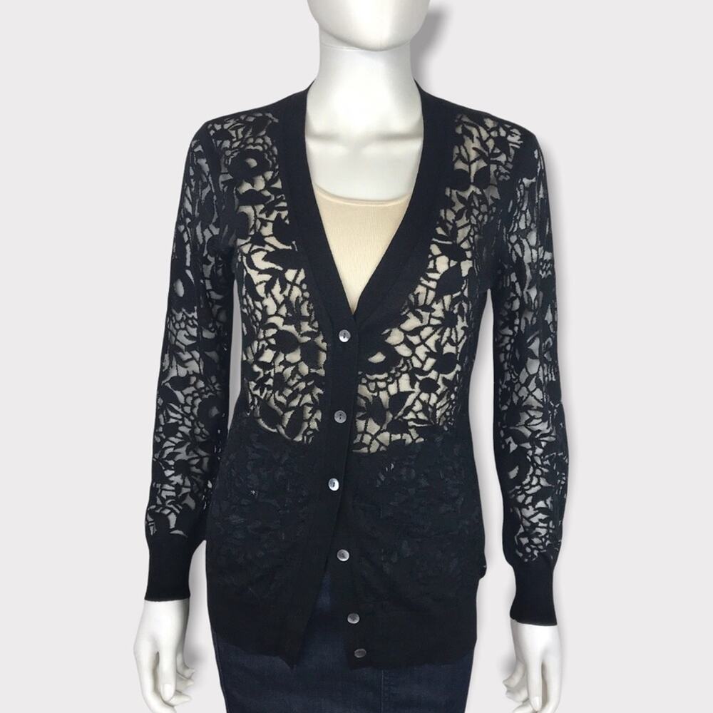 Magaschoni Black Lace Cardigan Floral Silk & Cashmere V-neck Sweater
